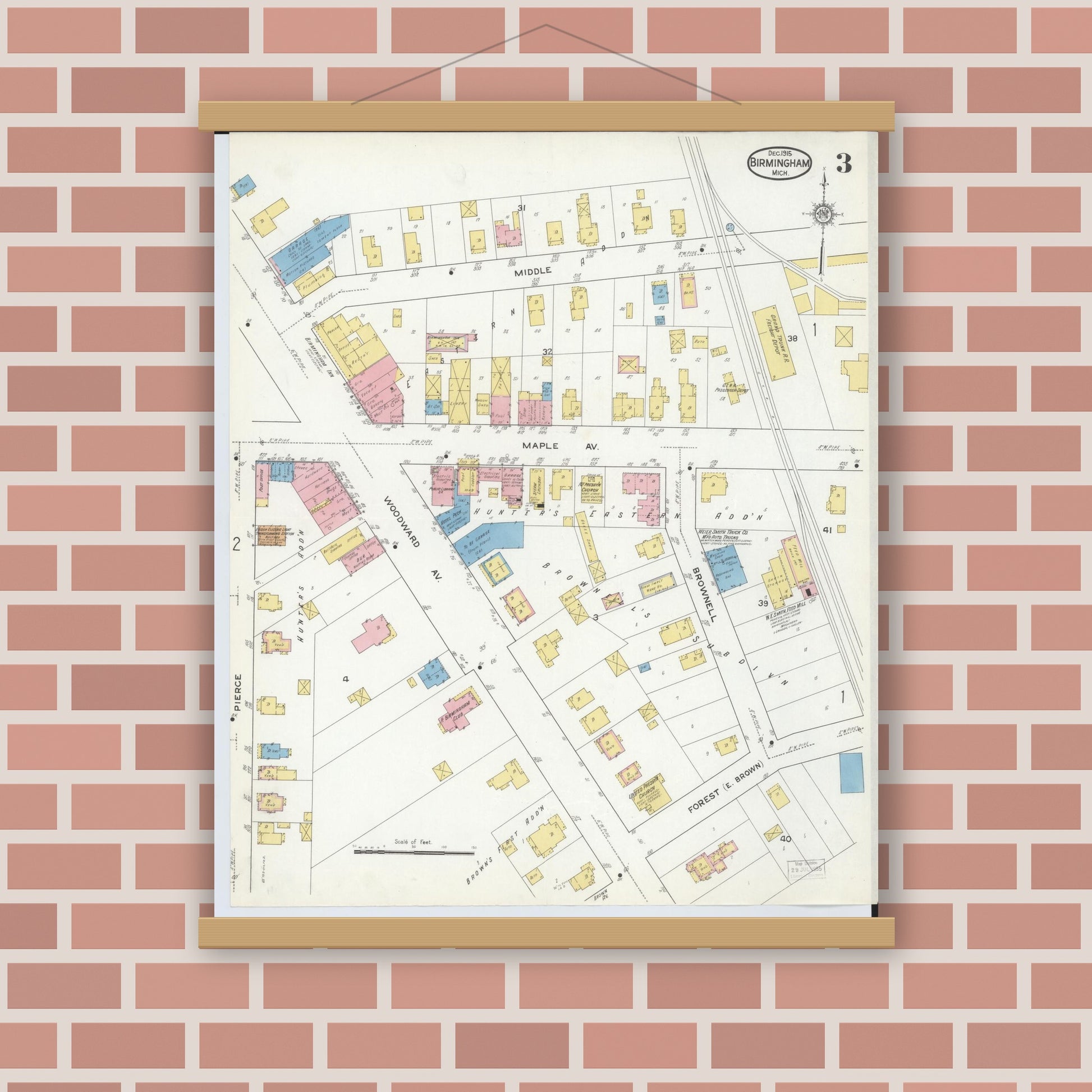 Old map wall art mockup — magnetic wood frame on brick wall — Sanborn Fire Insurance Map from Birmingham, Oakland County, Michigan (1915), Sheet #0003
