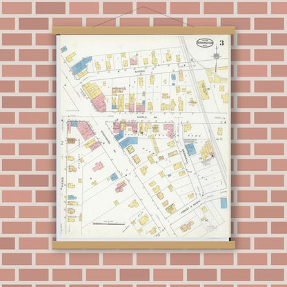 Old map wall art mockup — magnetic wood frame on brick wall — Sanborn Fire Insurance Map from Birmingham, Oakland County, Michigan (1915), Sheet #0003