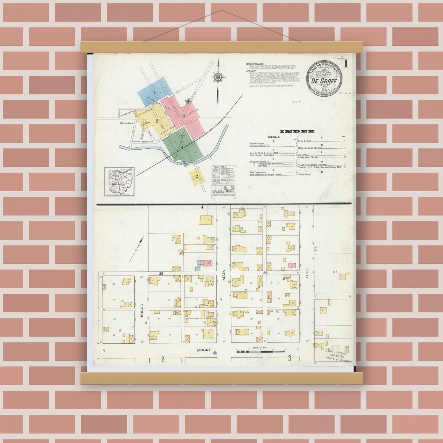 Old map wall art mockup — magnetic wood frame on brick wall — Sanborn Fire Insurance Map from Degraff, Logan County, Ohio (1915) - Complete Map Set
