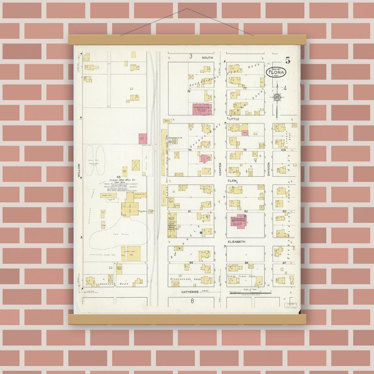 Old map wall art mockup — magnetic wood frame on brick wall — Sanborn Fire Insurance Map from Flora, Carroll County, Indiana (1917), Sheet #0005