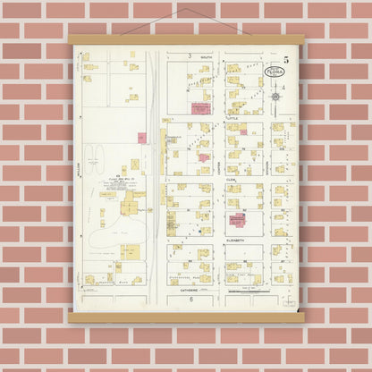 Old map wall art mockup — magnetic wood frame on brick wall — Sanborn Fire Insurance Map from Flora, Carroll County, Indiana (1917), Sheet #0005