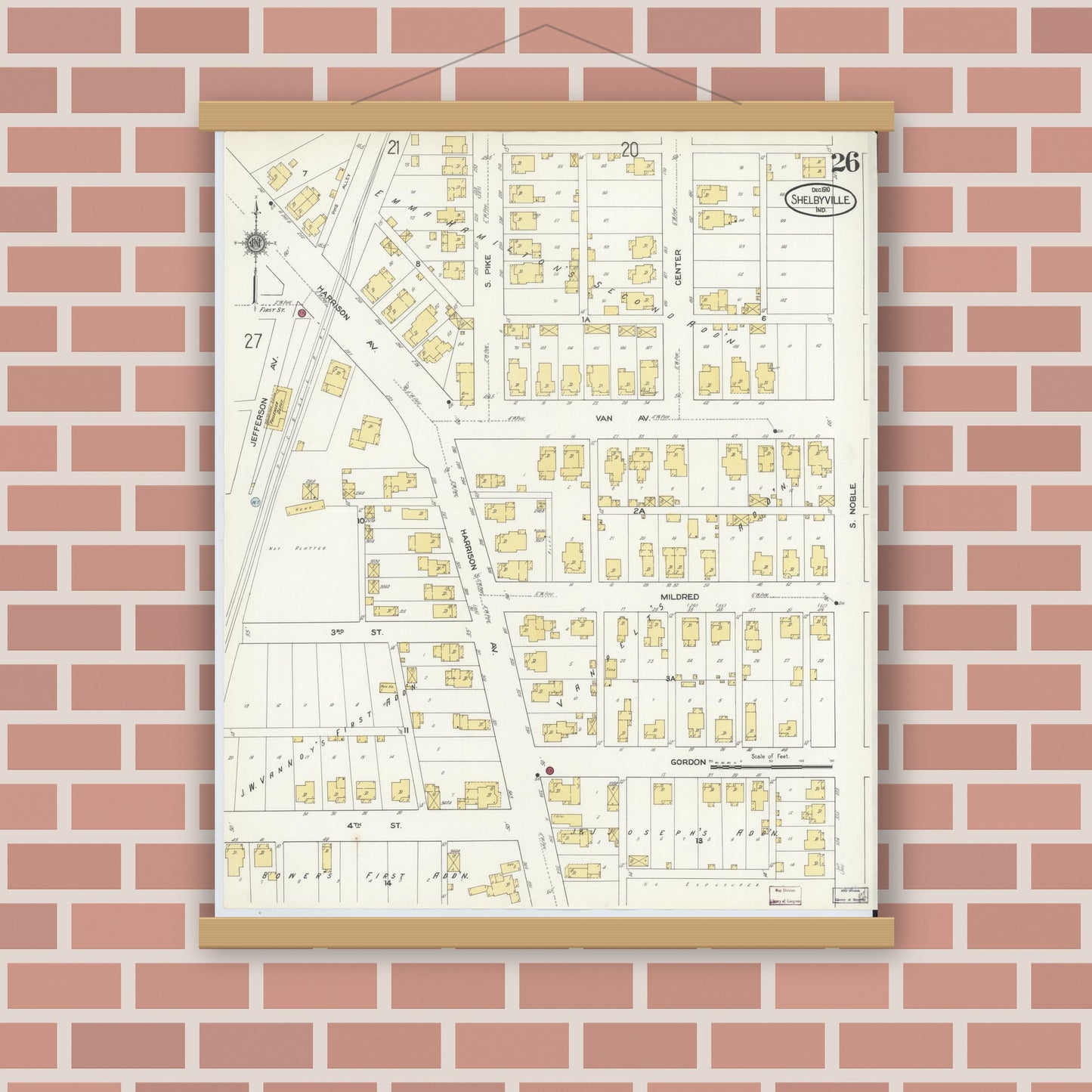 Old map wall art mockup — magnetic wood frame on brick wall — Sanborn Fire Insurance Map from Shelbyville, Shelby County, Indiana (1910), Sheet #0026