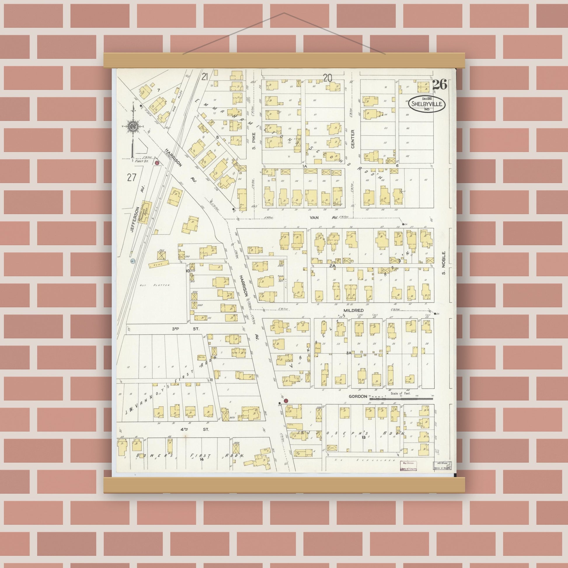 Old map wall art mockup — magnetic wood frame on brick wall — Sanborn Fire Insurance Map from Shelbyville, Shelby County, Indiana (1910), Sheet #0026