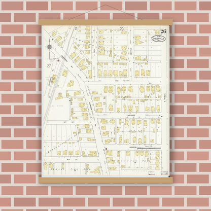 Old map wall art mockup — magnetic wood frame on brick wall — Sanborn Fire Insurance Map from Shelbyville, Shelby County, Indiana (1910), Sheet #0026
