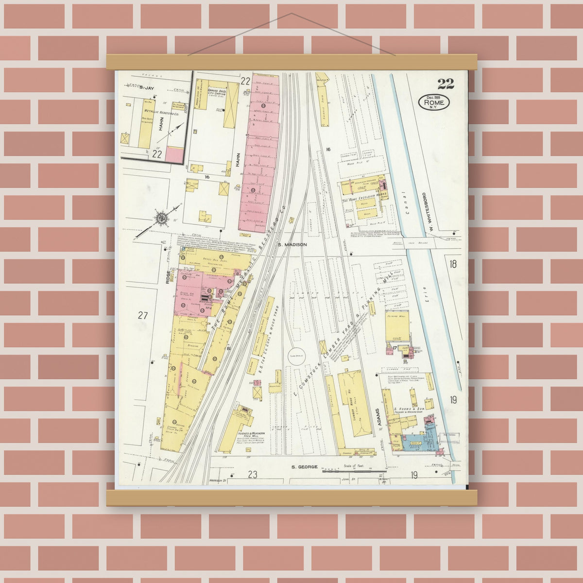 Old map wall art mockup — magnetic wood frame on brick wall — Sanborn Fire Insurance Map from Rome, Oneida County, New York (1909), Sheet #0022