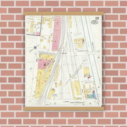 Old map wall art mockup — magnetic wood frame on brick wall — Sanborn Fire Insurance Map from Rome, Oneida County, New York (1909), Sheet #0022