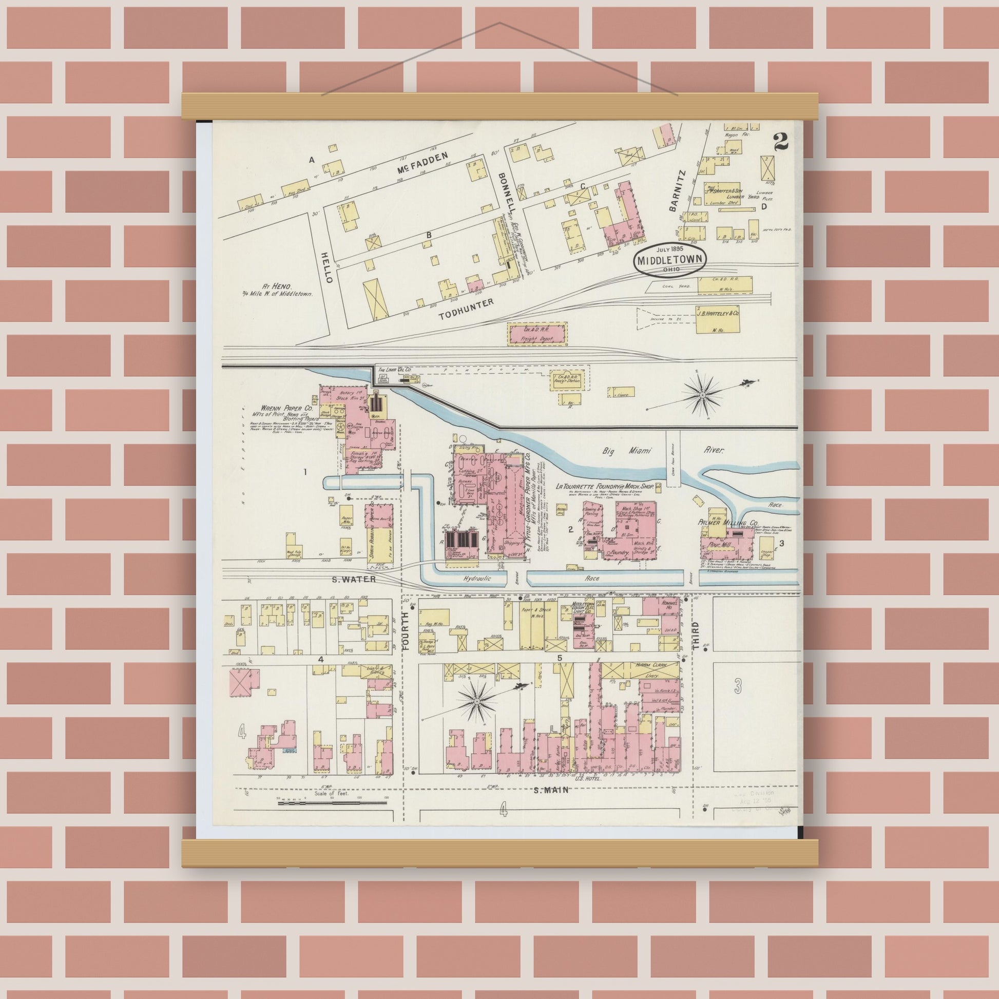 Old map wall art mockup — magnetic wood frame on brick wall — Sanborn Fire Insurance Map from Middletown, Butler County, Ohio (1895), Sheet #0002