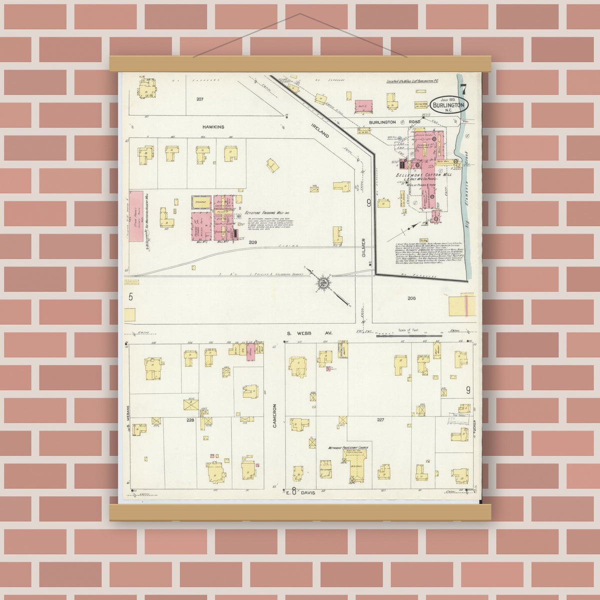 Old map wall art mockup — magnetic wood frame on brick wall — Sanborn Fire Insurance Map from Burlington, Alamance County, North Carolina (1913), Sheet #0007