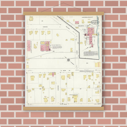 Old map wall art mockup — magnetic wood frame on brick wall — Sanborn Fire Insurance Map from Burlington, Alamance County, North Carolina (1913), Sheet #0007