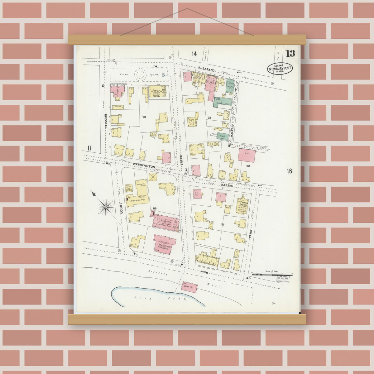 Old map wall art mockup — magnetic wood frame on brick wall — Sanborn Fire Insurance Map from Newburyport, Essex County, Massachusetts (1906), Sheet #0013