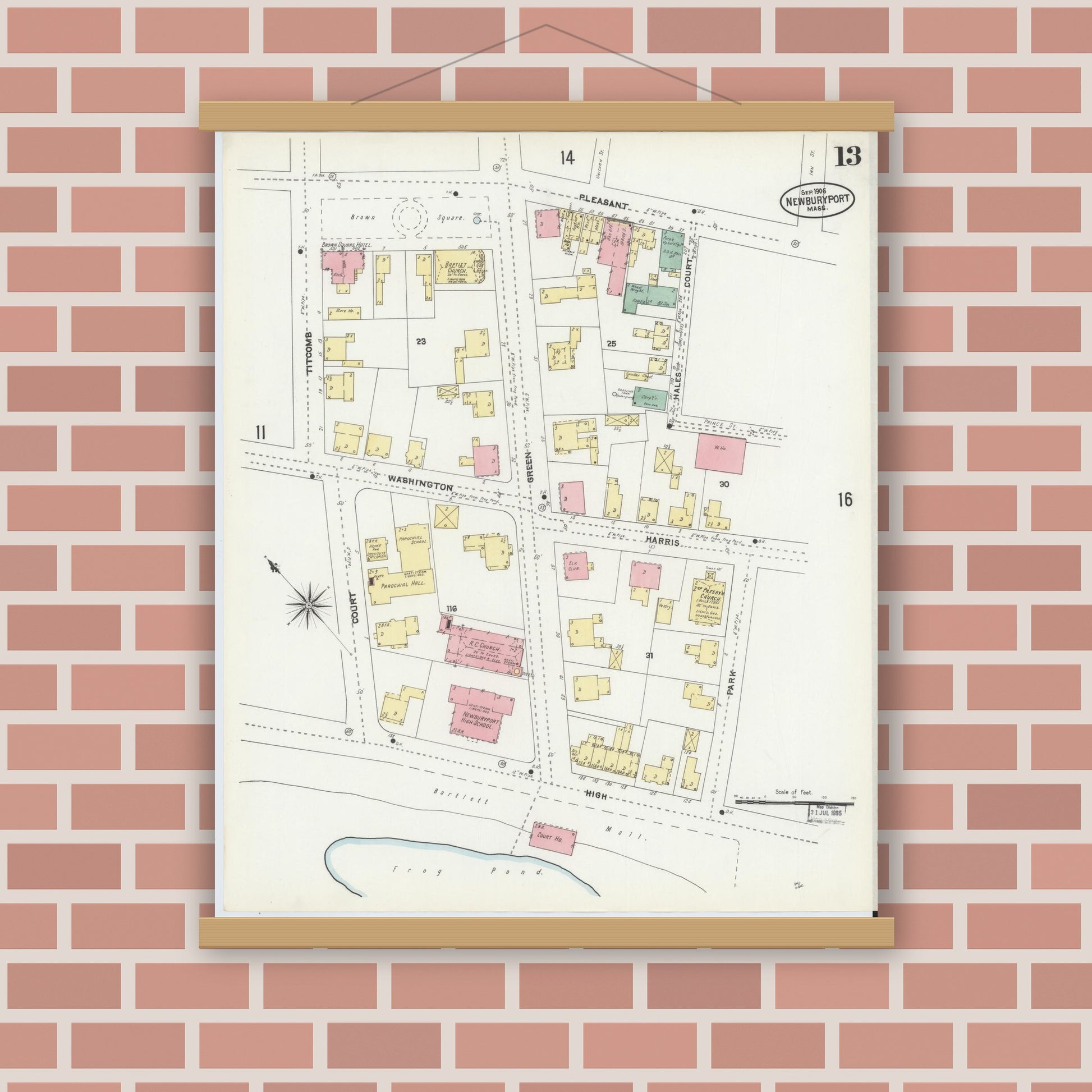 Old map wall art mockup — magnetic wood frame on brick wall — Sanborn Fire Insurance Map from Newburyport, Essex County, Massachusetts (1906), Sheet #0013