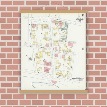 Old map wall art mockup — magnetic wood frame on brick wall — Sanborn Fire Insurance Map from Newburyport, Essex County, Massachusetts (1906), Sheet #0013