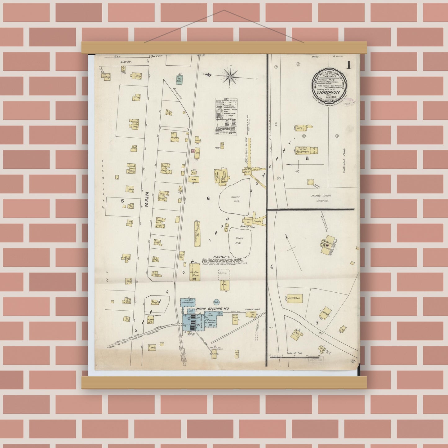Old map wall art mockup — magnetic wood frame on brick wall — Sanborn Fire Insurance Map from Champion, Marquette County, Michigan (1888), Sheet #0001