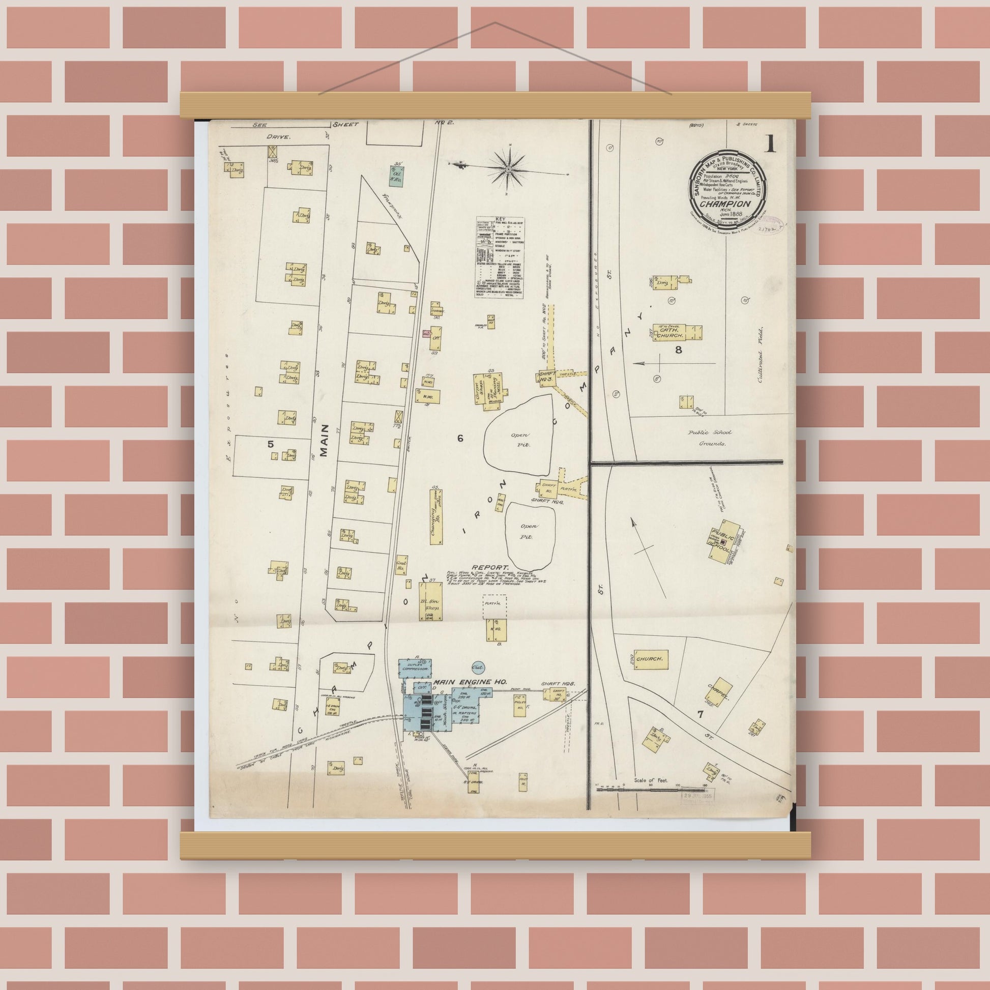 Old map wall art mockup — magnetic wood frame on brick wall — Sanborn Fire Insurance Map from Champion, Marquette County, Michigan (1888), Sheet #0001