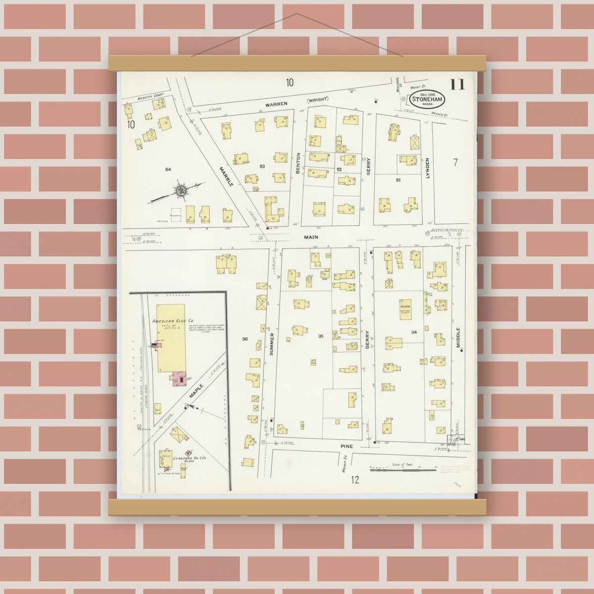 Old map wall art mockup — magnetic wood frame on brick wall — Sanborn Fire Insurance Map from Stoneham, Middlesex County, Massachusetts (1909), Sheet #0011