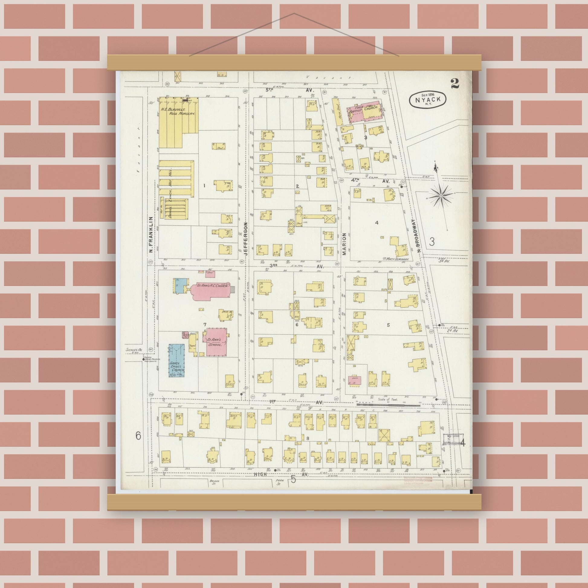 Old map wall art mockup — magnetic wood frame on brick wall — Sanborn Fire Insurance Map from Nyack, Rockland County, New York. (1896), Sheet #0002