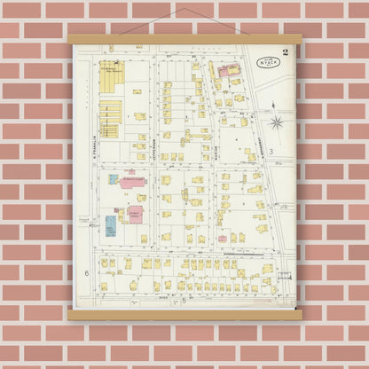 Old map wall art mockup — magnetic wood frame on brick wall — Sanborn Fire Insurance Map from Nyack, Rockland County, New York. (1896), Sheet #0002