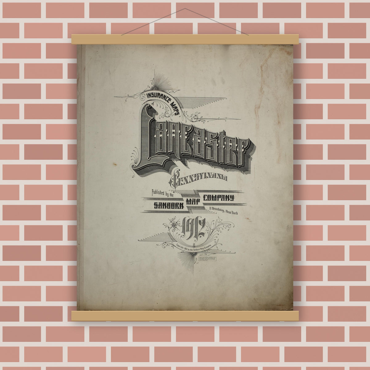 Old map wall art mockup — magnetic wood frame on brick wall — Sanborn Fire Insurance Map from Lancaster, Lancaster County, Pennsylvania (1932), Sheet #0001
