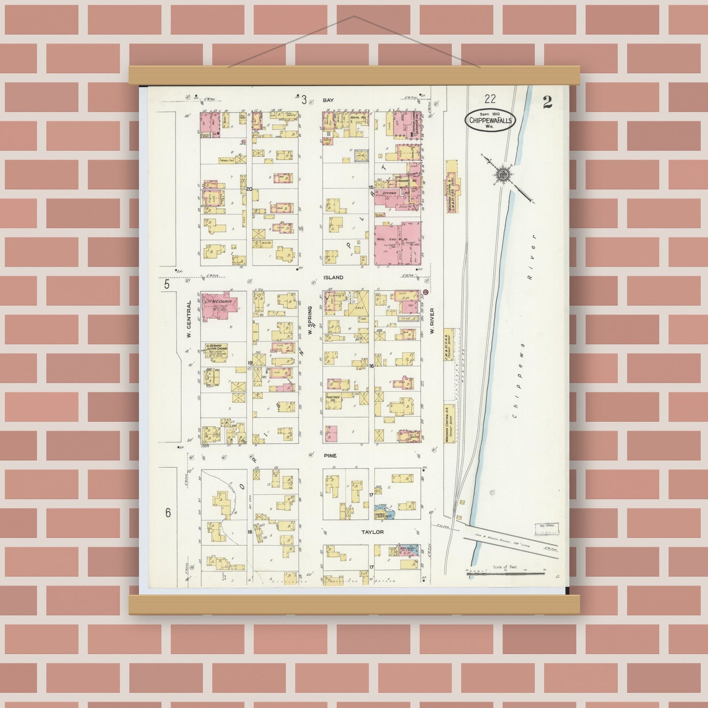Old map wall art mockup — magnetic wood frame on brick wall — Sanborn Fire Insurance Map from Chippewa Falls, Chippewa County, Wisconsin (1910), Sheet #0002