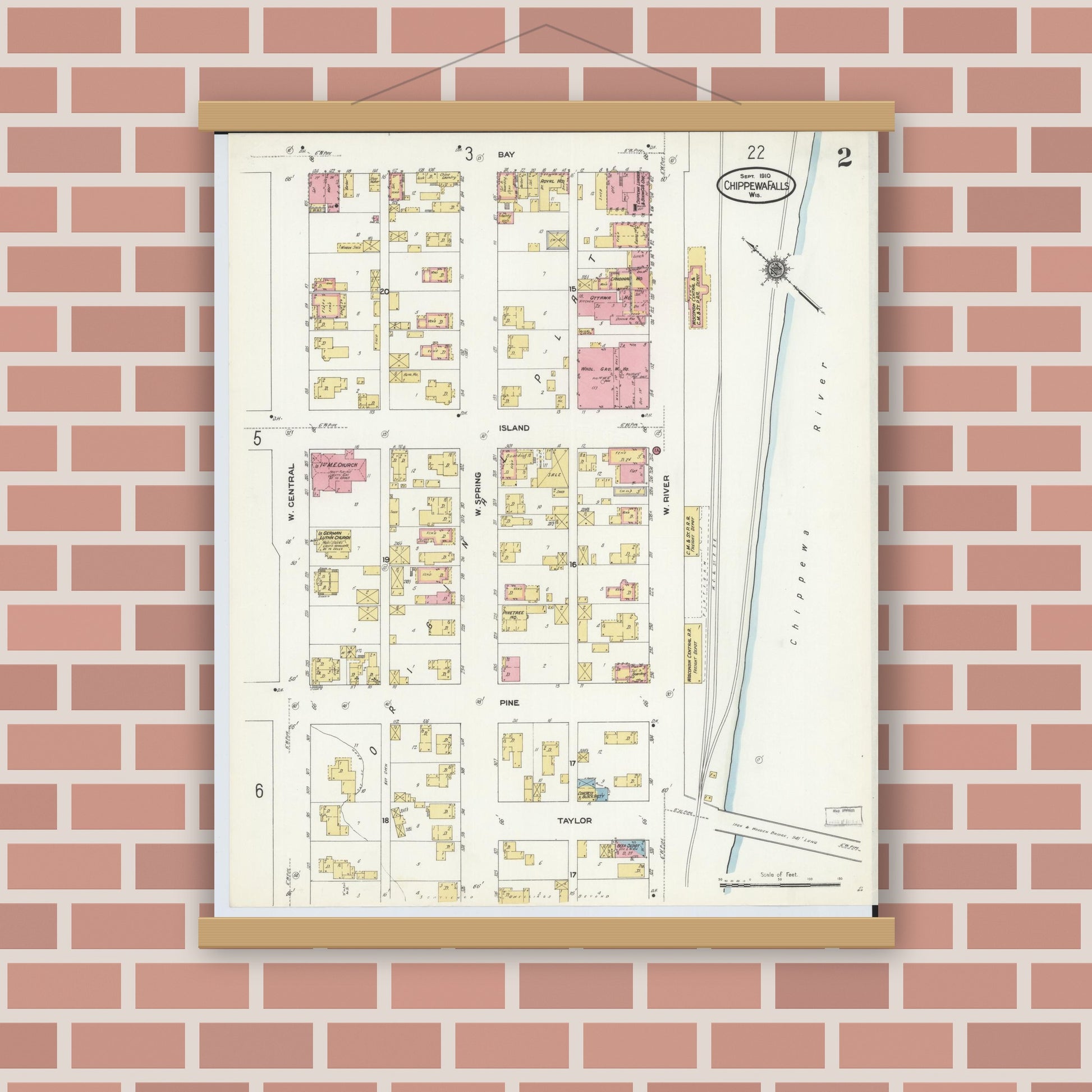 Old map wall art mockup — magnetic wood frame on brick wall — Sanborn Fire Insurance Map from Chippewa Falls, Chippewa County, Wisconsin (1910), Sheet #0002