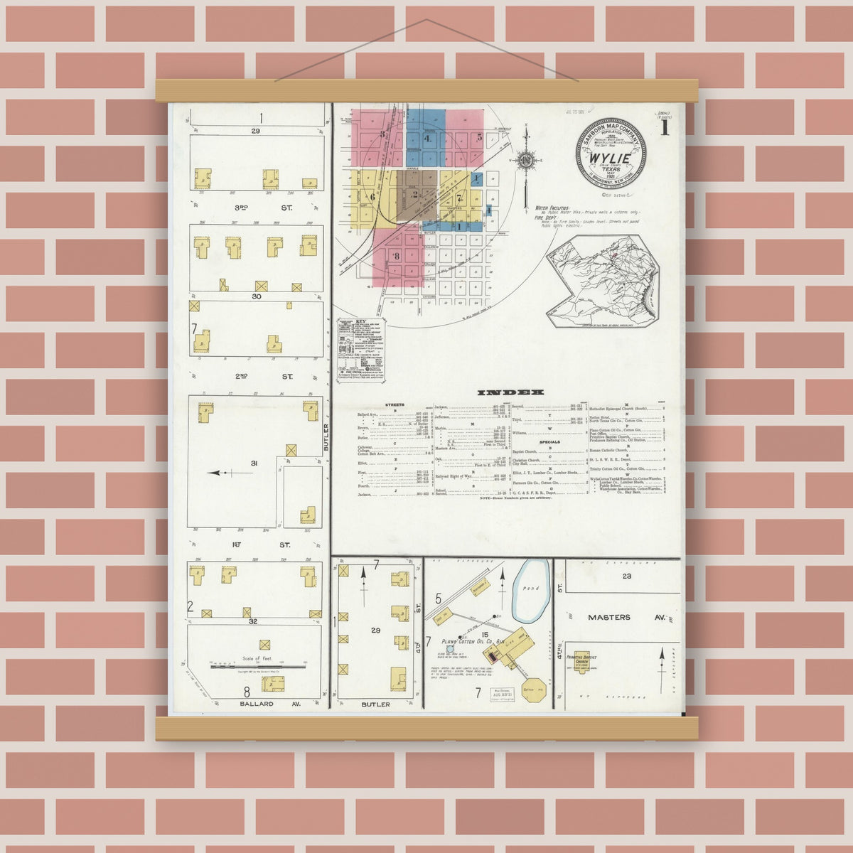 Old map wall art mockup — magnetic wood frame on brick wall — Sanborn Fire Insurance Map from Wylie, Collin County, Texas (1921) - Complete Map Set