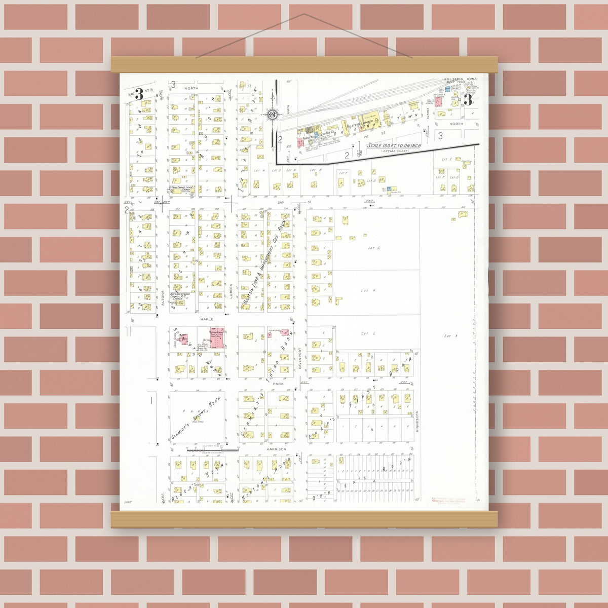 Old map wall art mockup — magnetic wood frame on brick wall — Sanborn Fire Insurance Map from Holstein, Ida County, Iowa (1933), Sheet #0003
