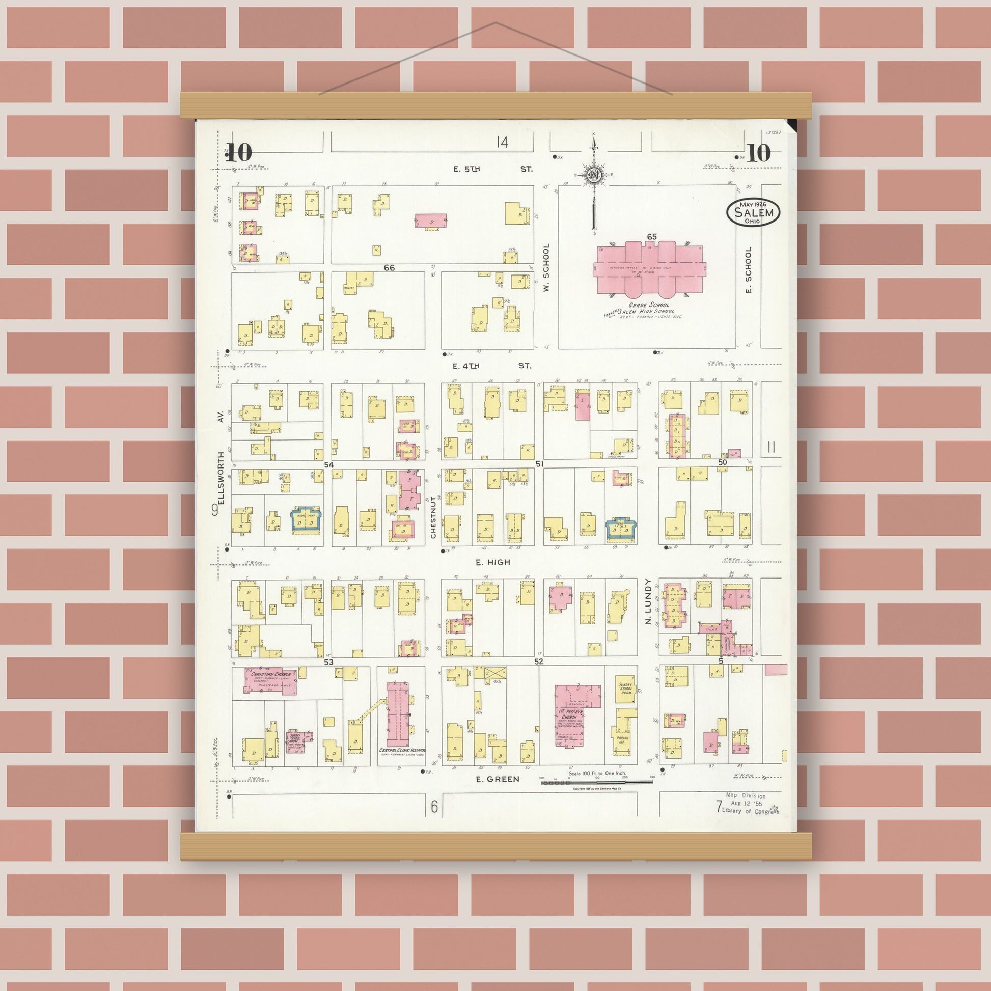 Old map wall art mockup — magnetic wood frame on brick wall — Sanborn Fire Insurance Map from Salem, Columbiana County, Ohio (1926), Sheet #0010
