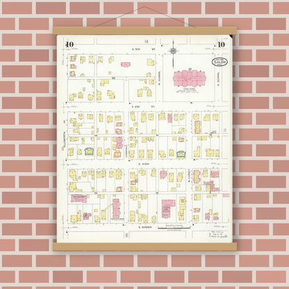 Old map wall art mockup — magnetic wood frame on brick wall — Sanborn Fire Insurance Map from Salem, Columbiana County, Ohio (1926), Sheet #0010