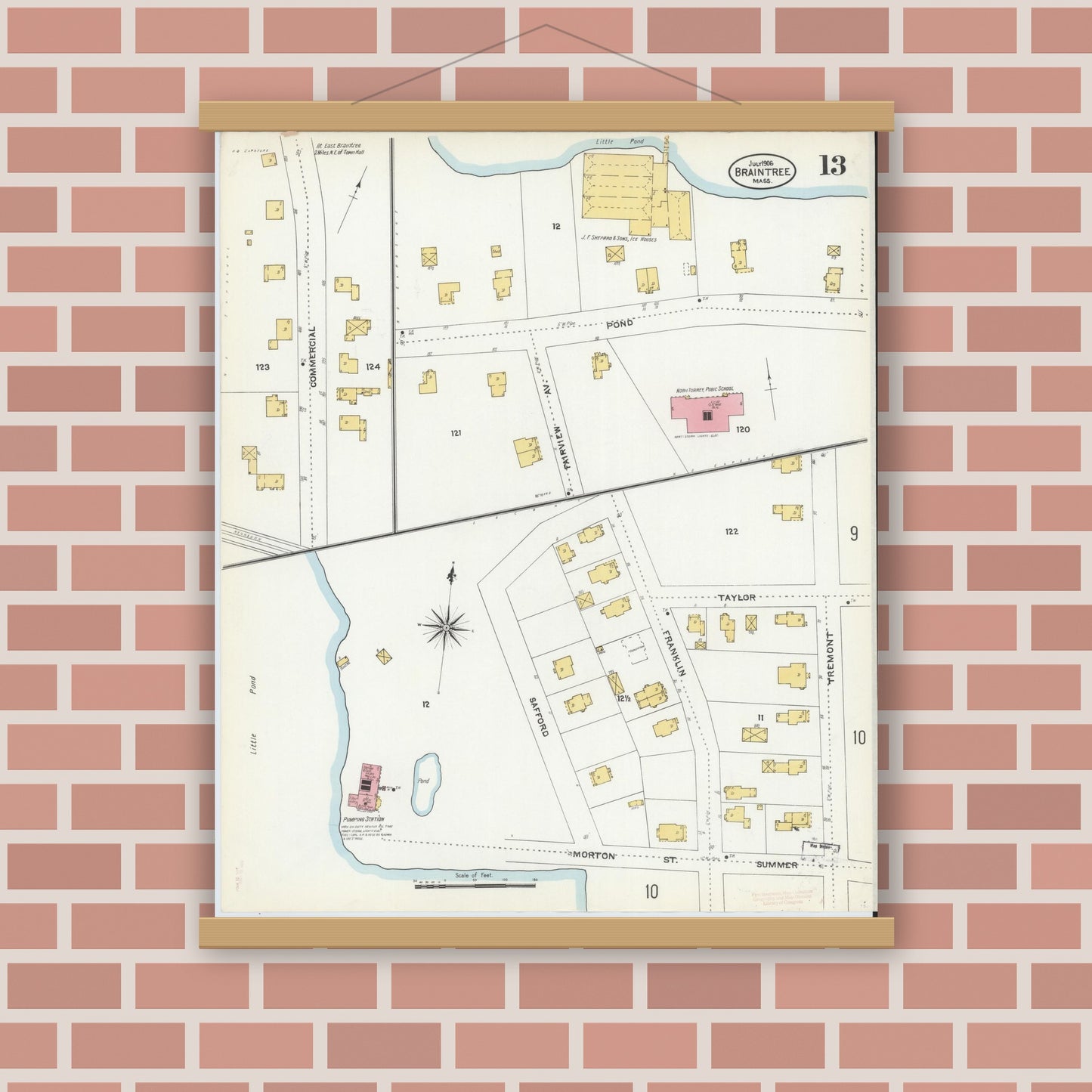 Old map wall art mockup — magnetic wood frame on brick wall — Sanborn Fire Insurance Map from Braintree, Norfolk County, Massachusetts (1906), Sheet #0013