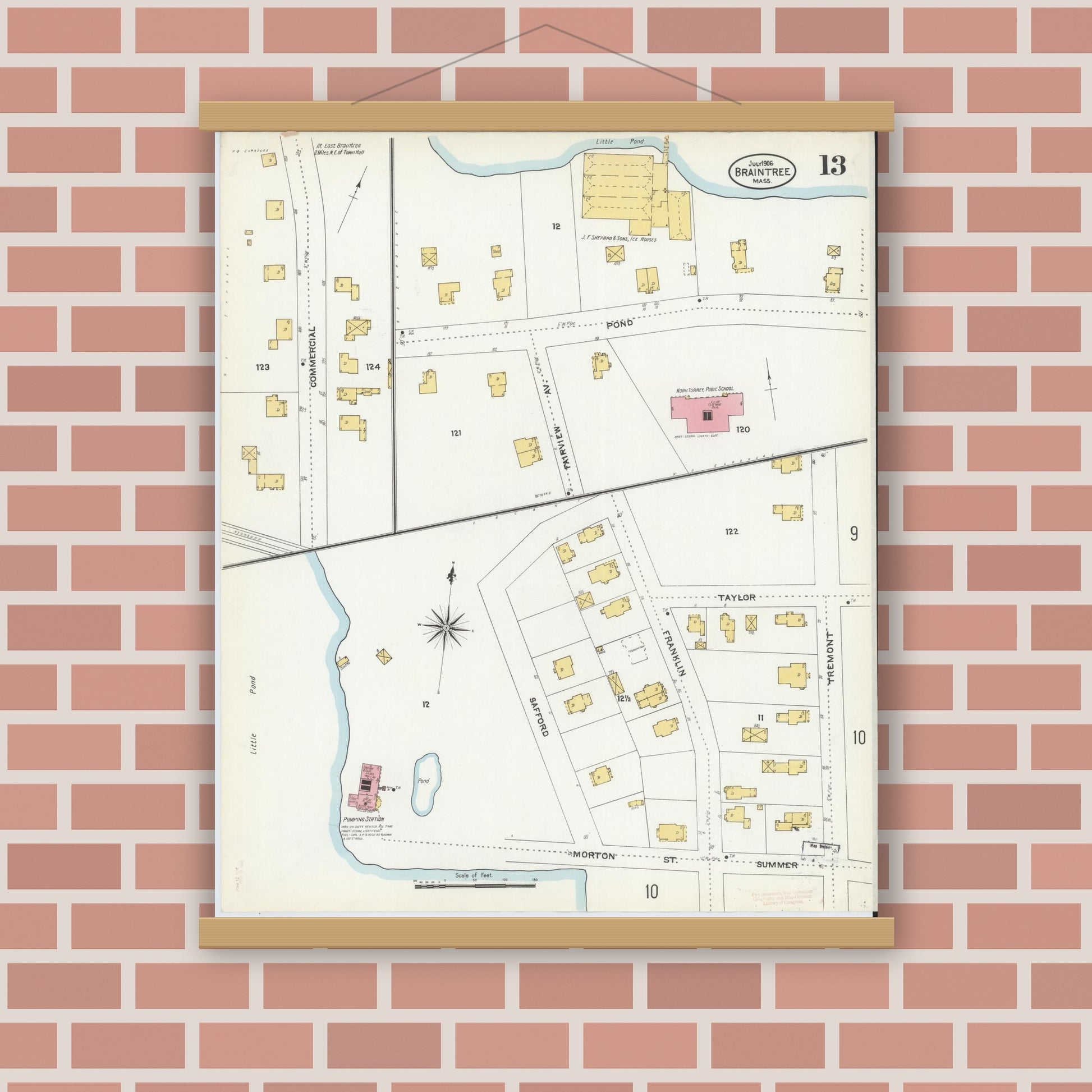 Old map wall art mockup — magnetic wood frame on brick wall — Sanborn Fire Insurance Map from Braintree, Norfolk County, Massachusetts (1906), Sheet #0013