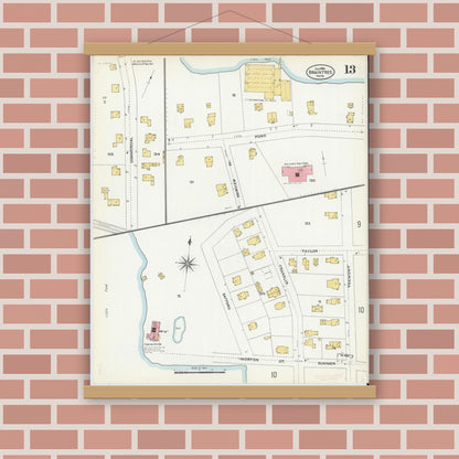 Old map wall art mockup — magnetic wood frame on brick wall — Sanborn Fire Insurance Map from Braintree, Norfolk County, Massachusetts (1906), Sheet #0013