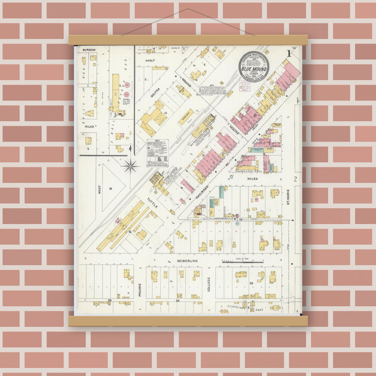 Old map wall art mockup — magnetic wood frame on brick wall — Sanborn Fire Insurance Map from Blue Mound, Macon County, Illinois (1905), Sheet #0001