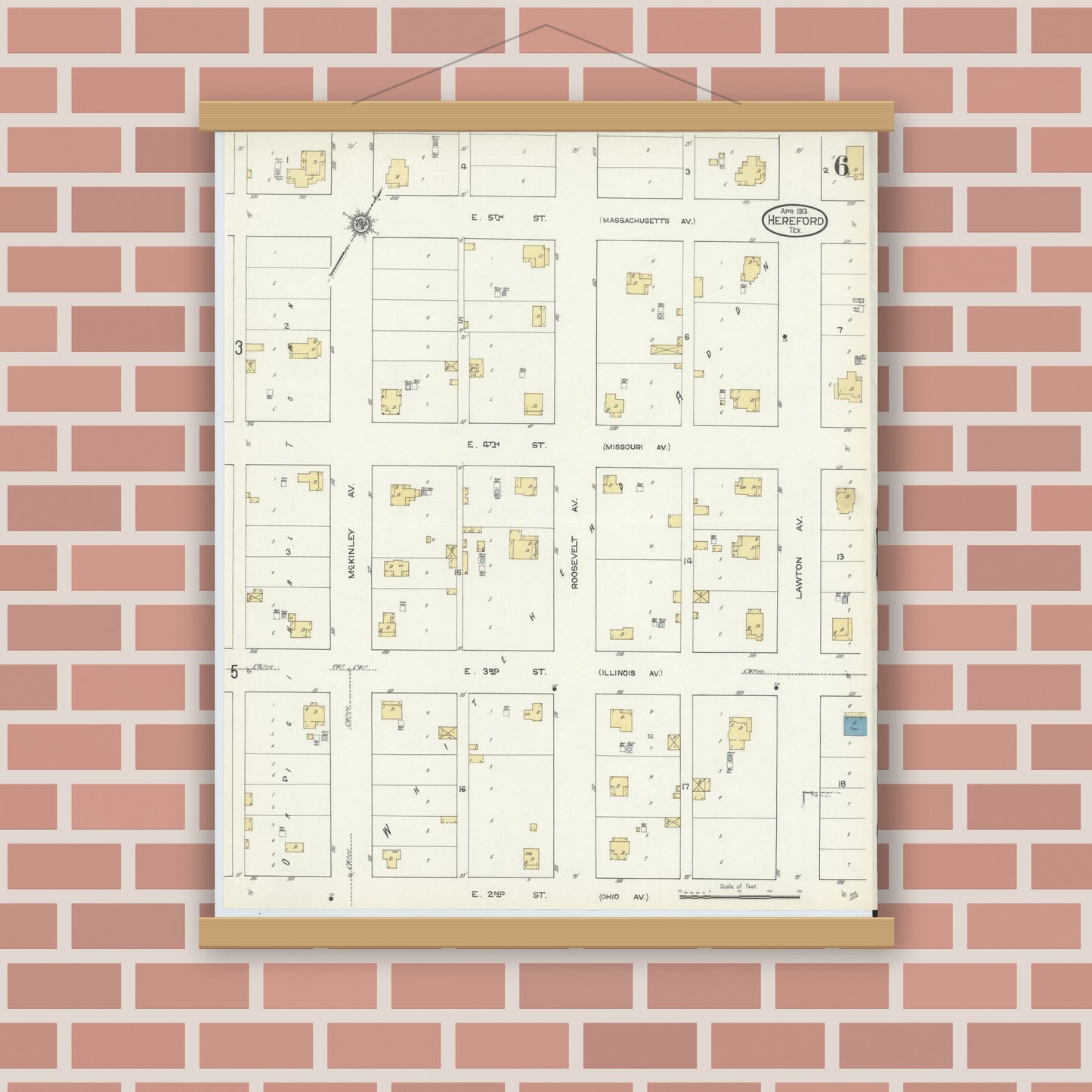 Old map wall art mockup — magnetic wood frame on brick wall — Sanborn Fire Insurance Map from Hereford, Deaf Smith County, Texas (1913), Sheet #0006