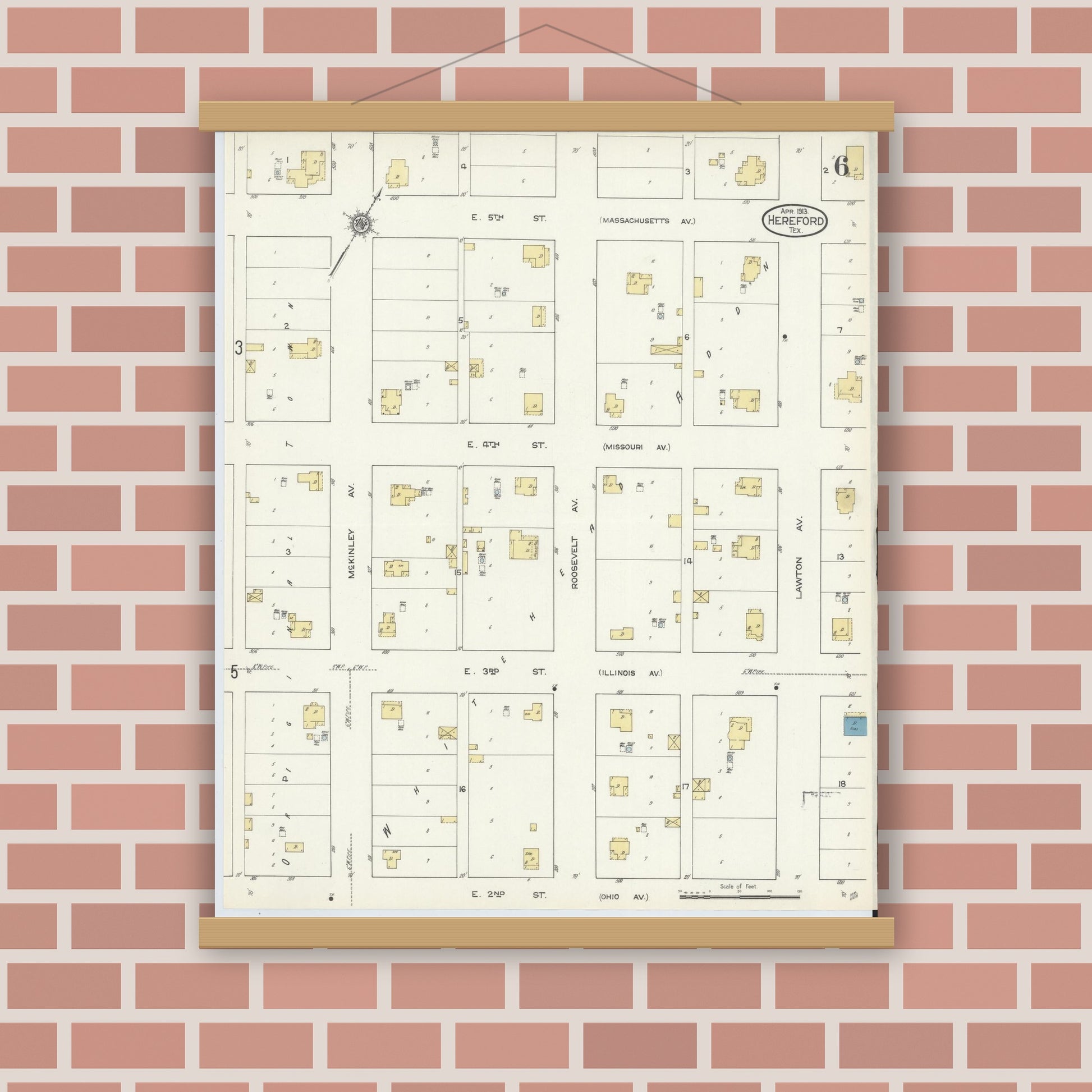 Old map wall art mockup — magnetic wood frame on brick wall — Sanborn Fire Insurance Map from Hereford, Deaf Smith County, Texas (1913), Sheet #0006