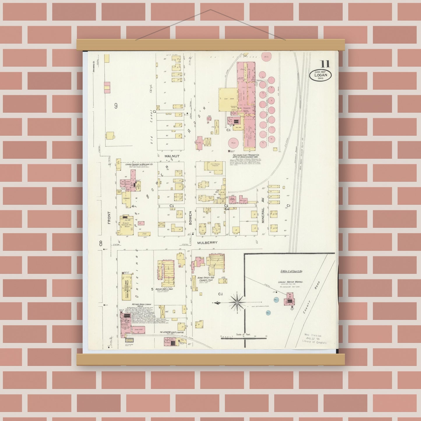 Old map wall art mockup — magnetic wood frame on brick wall — Sanborn Fire Insurance Map from Logan, Hocking County, Ohio (1907), Sheet #0011