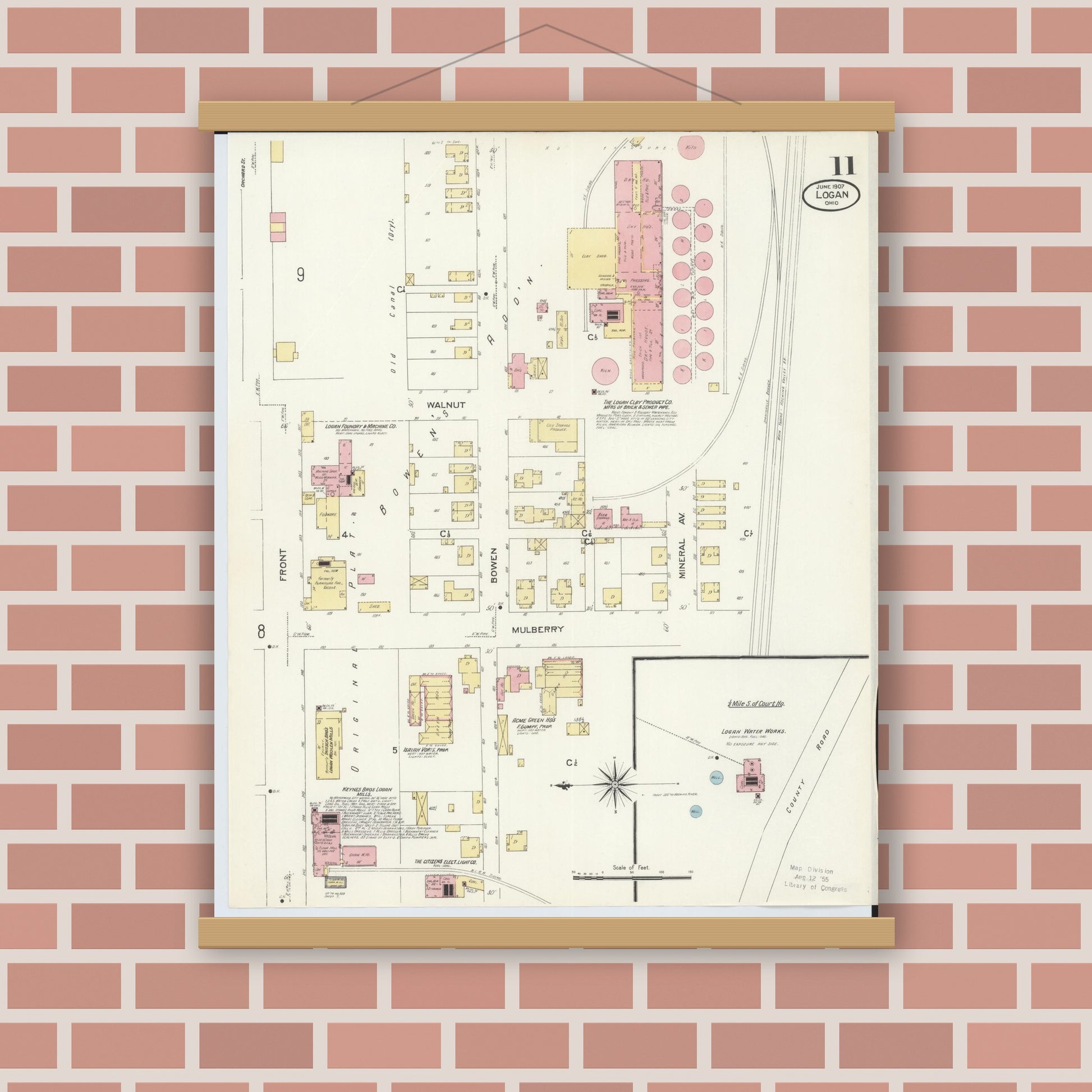 Old map wall art mockup — magnetic wood frame on brick wall — Sanborn Fire Insurance Map from Logan, Hocking County, Ohio (1907), Sheet #0011