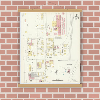 Old map wall art mockup — magnetic wood frame on brick wall — Sanborn Fire Insurance Map from Logan, Hocking County, Ohio (1907), Sheet #0011