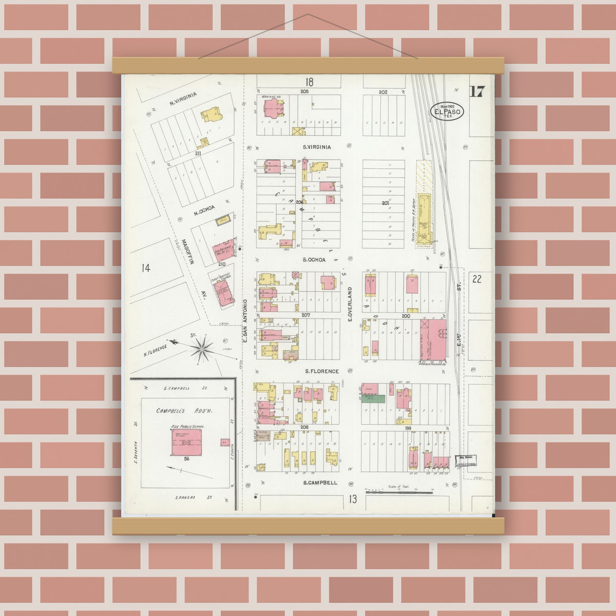 Old map wall art mockup — magnetic wood frame on brick wall — Sanborn Fire Insurance Map from El Paso, El Paso County, Texas (1902), Sheet #0017