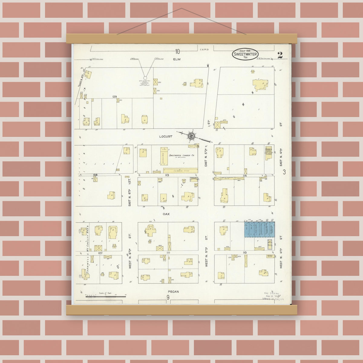 Old map wall art mockup — magnetic wood frame on brick wall — Sanborn Fire Insurance Map from Sweetwater, Nolan County, Texas (1914), Sheet #0002
