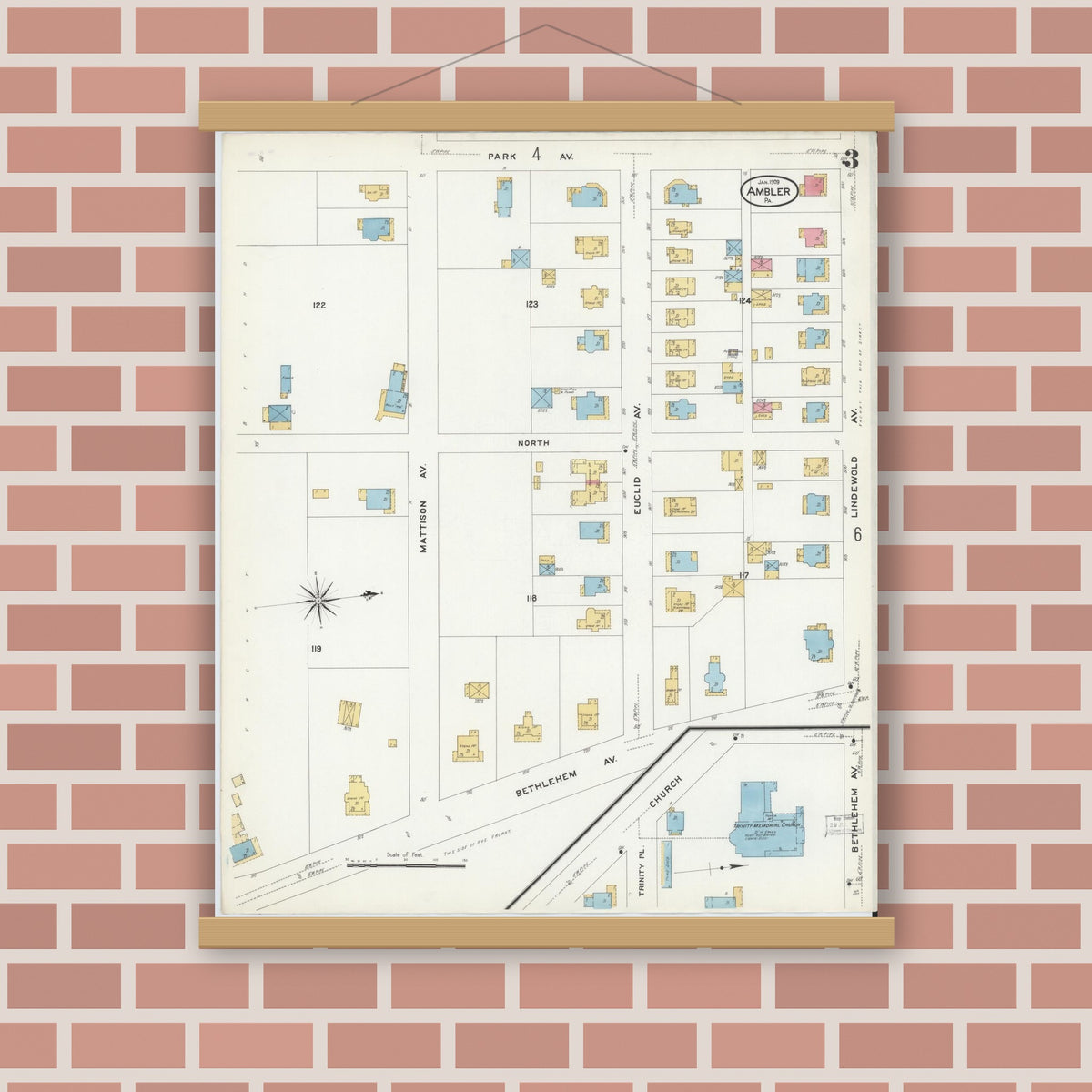 Old map wall art mockup — magnetic wood frame on brick wall — Sanborn Fire Insurance Map from Ambler, Montgomery County, Pennsylvania (1909), Sheet #0003