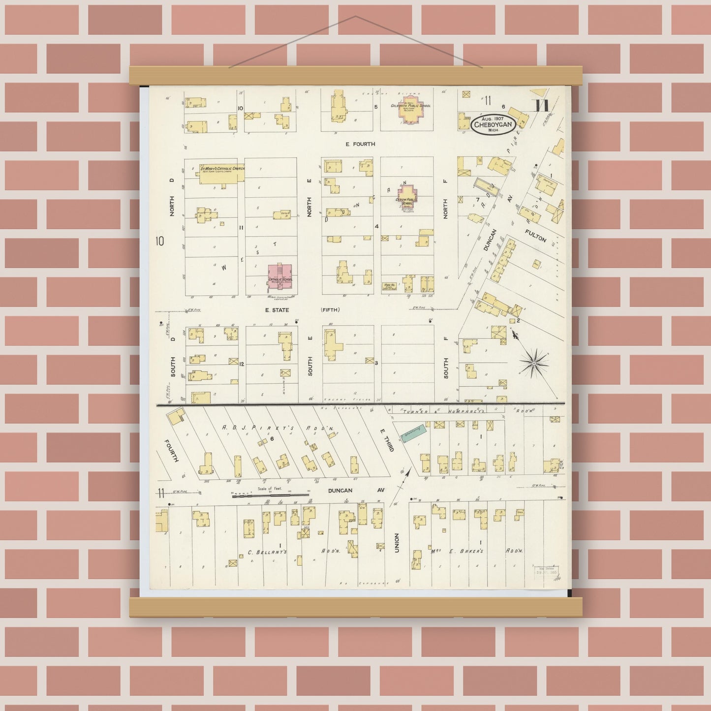 Old map wall art mockup — magnetic wood frame on brick wall — Sanborn Fire Insurance Map from Cheboygan, Cheboygan County, Michigan (1907), Sheet #0011
