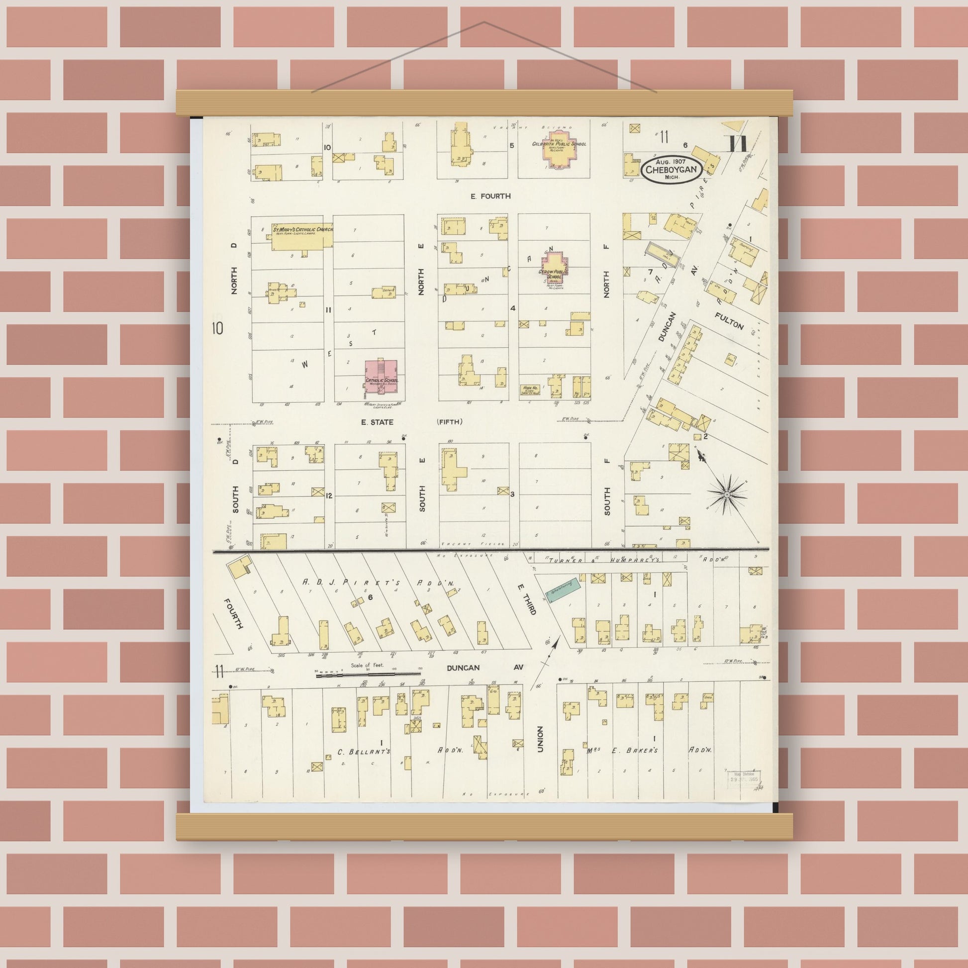 Old map wall art mockup — magnetic wood frame on brick wall — Sanborn Fire Insurance Map from Cheboygan, Cheboygan County, Michigan (1907), Sheet #0011