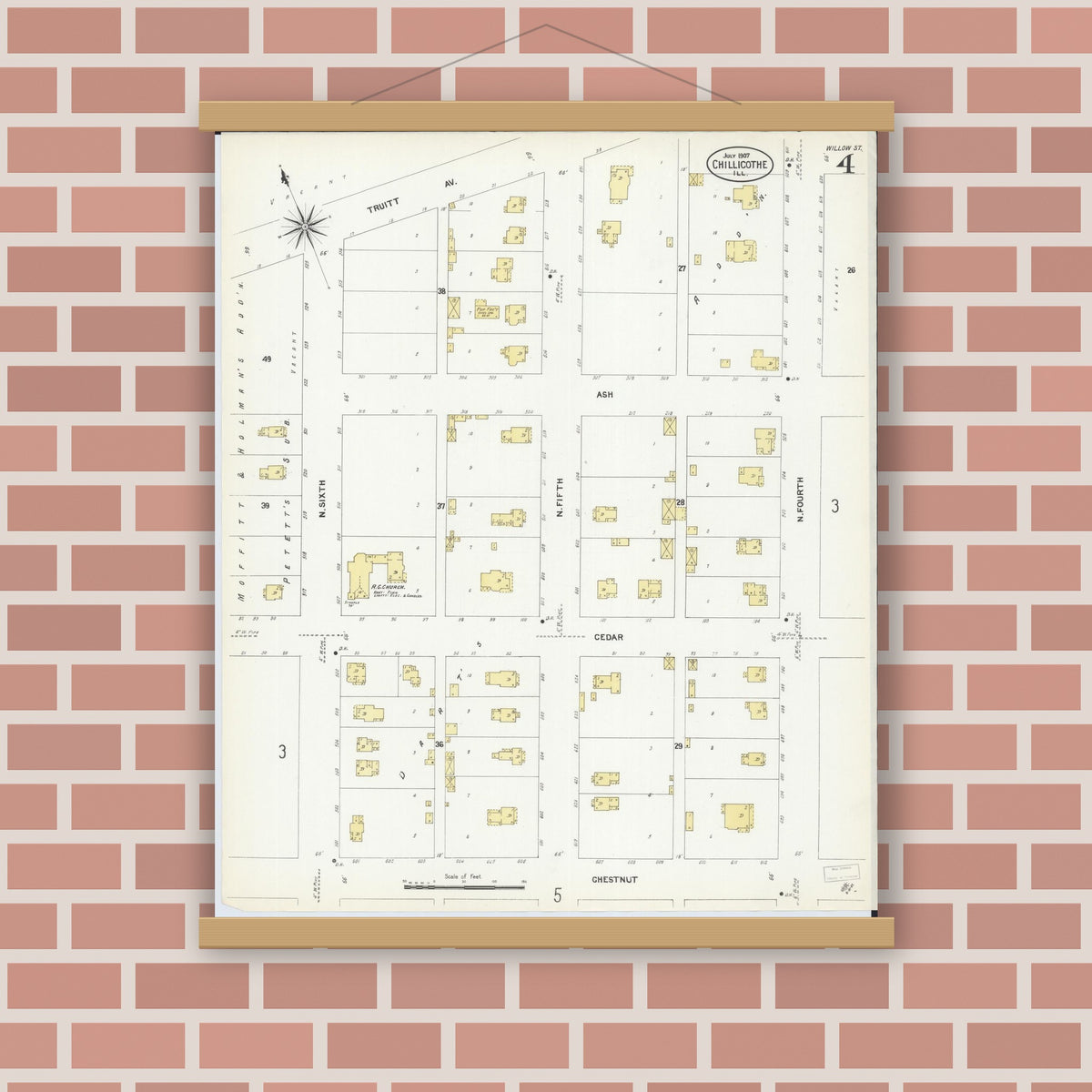 Old map wall art mockup — magnetic wood frame on brick wall — Sanborn Fire Insurance Map from Chillicothe, Peoria County, Illinois (1907), Sheet #0004