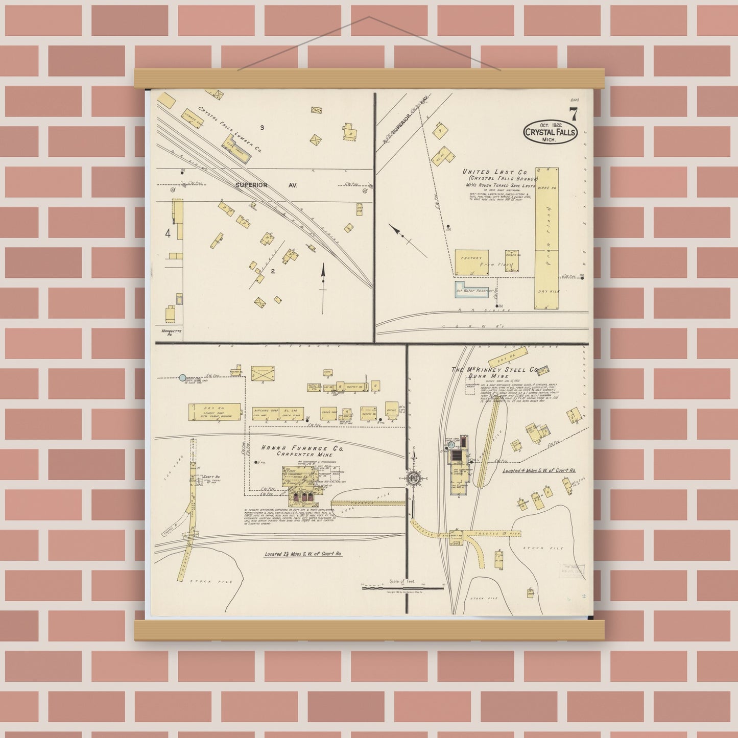 Old map wall art mockup — magnetic wood frame on brick wall — Sanborn Fire Insurance Map from Crystal Falls, Iron County, Michigan (1922), Sheet #0007