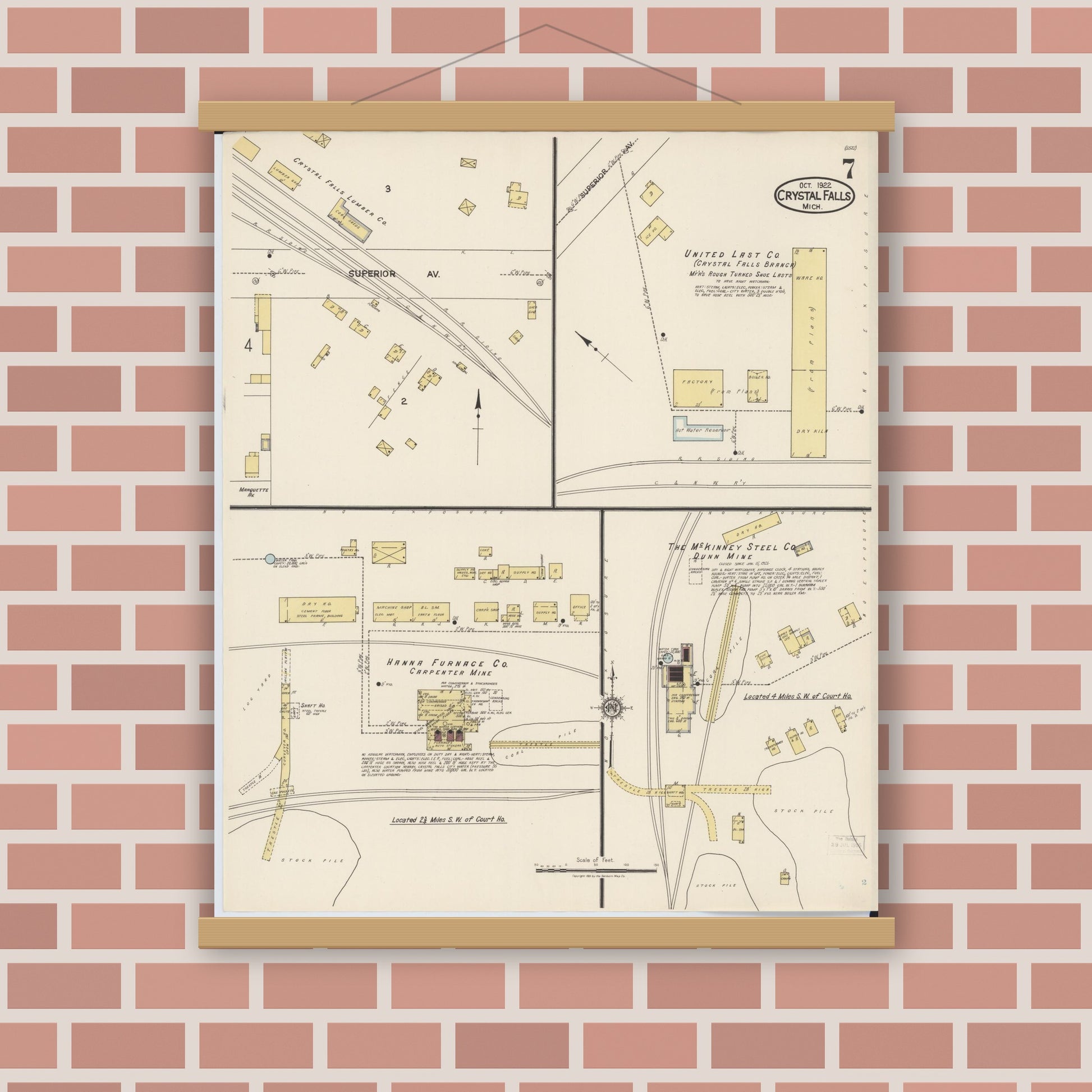 Old map wall art mockup — magnetic wood frame on brick wall — Sanborn Fire Insurance Map from Crystal Falls, Iron County, Michigan (1922), Sheet #0007