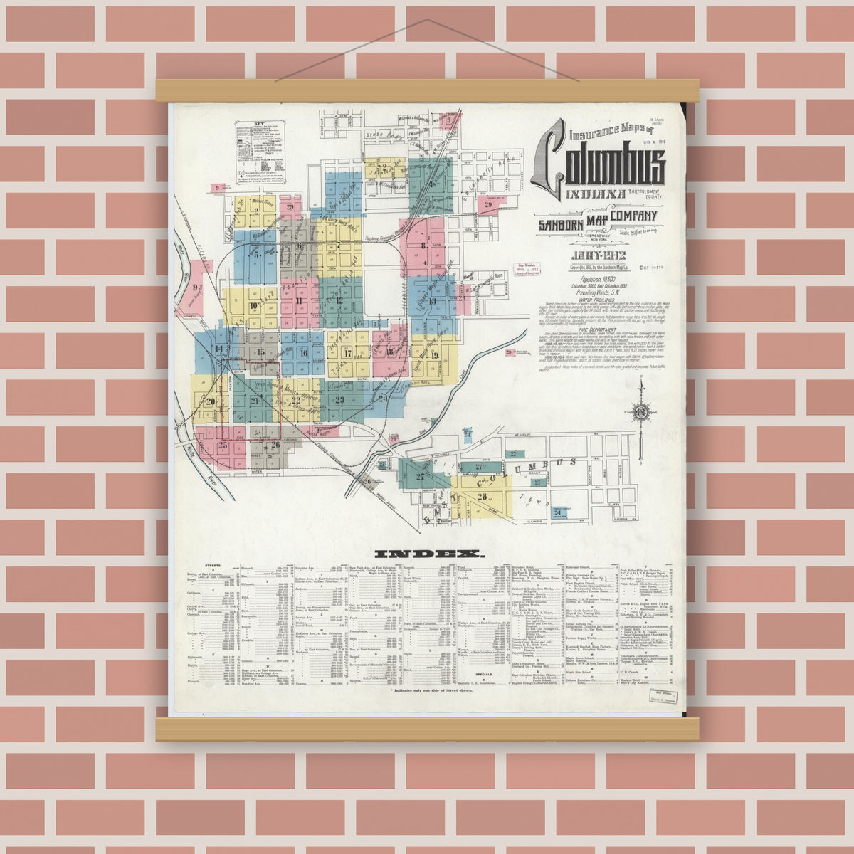 Old map wall art mockup — magnetic wood frame on brick wall — Sanborn Fire Insurance Map from Columbus, Bartholomew County, Indiana (1912) - Complete Map Set