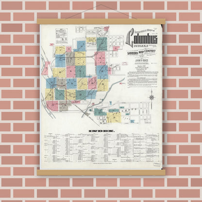 Old map wall art mockup — magnetic wood frame on brick wall — Sanborn Fire Insurance Map from Columbus, Bartholomew County, Indiana (1912) - Complete Map Set