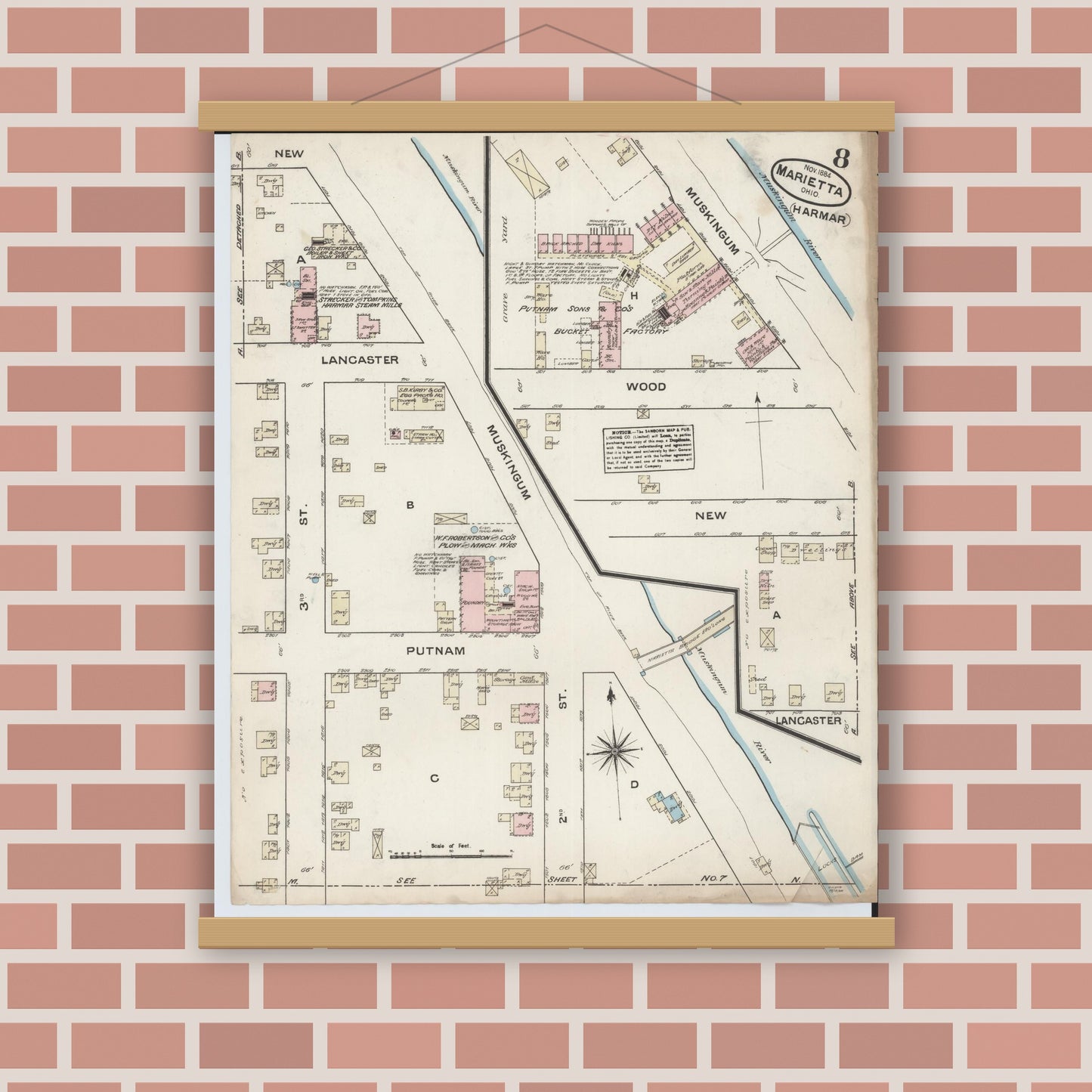 Old map wall art mockup — magnetic wood frame on brick wall — Sanborn Fire Insurance Map from Marietta, Washington County, Ohio (1884), Sheet #0008