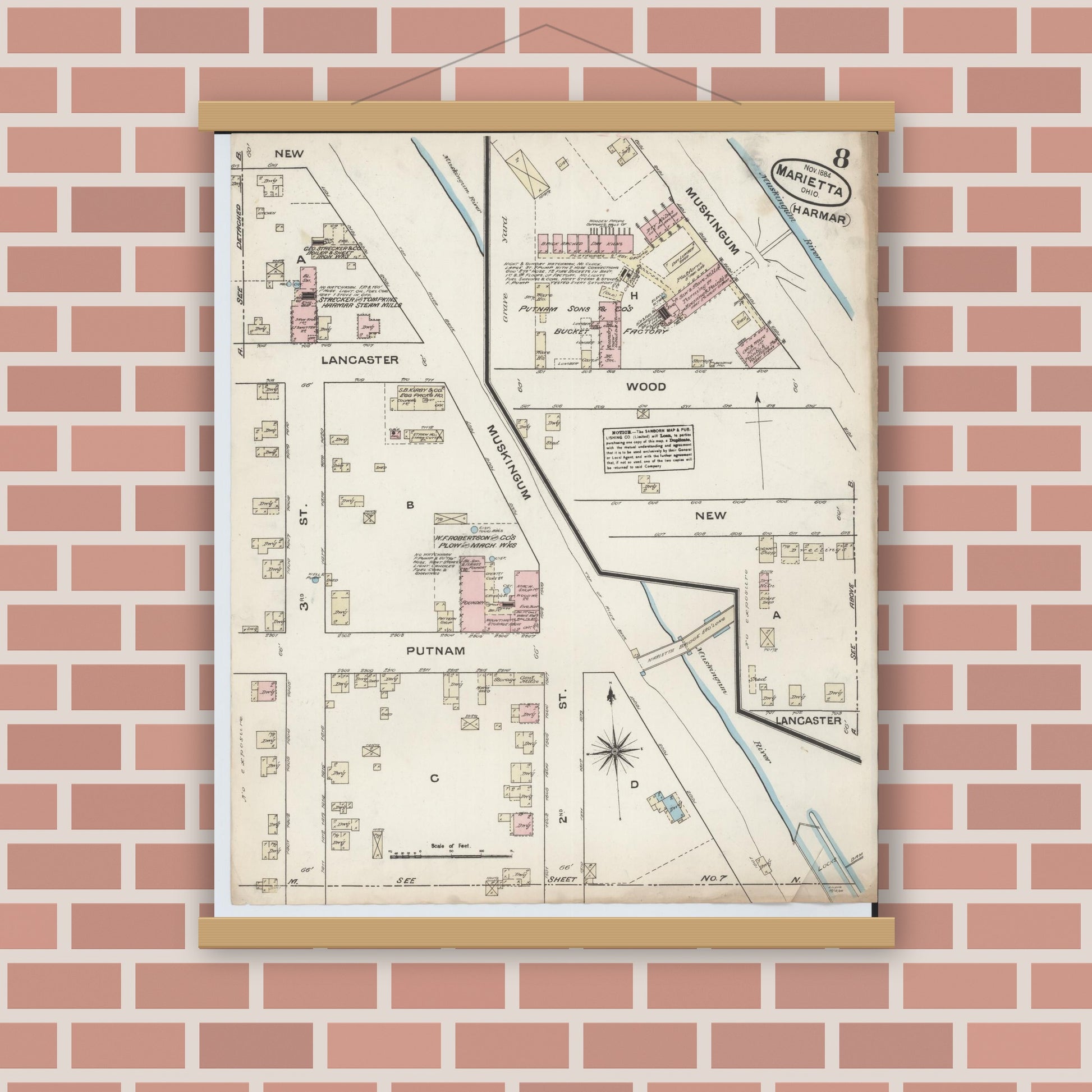 Old map wall art mockup — magnetic wood frame on brick wall — Sanborn Fire Insurance Map from Marietta, Washington County, Ohio (1884), Sheet #0008