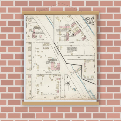 Old map wall art mockup — magnetic wood frame on brick wall — Sanborn Fire Insurance Map from Marietta, Washington County, Ohio (1884), Sheet #0008